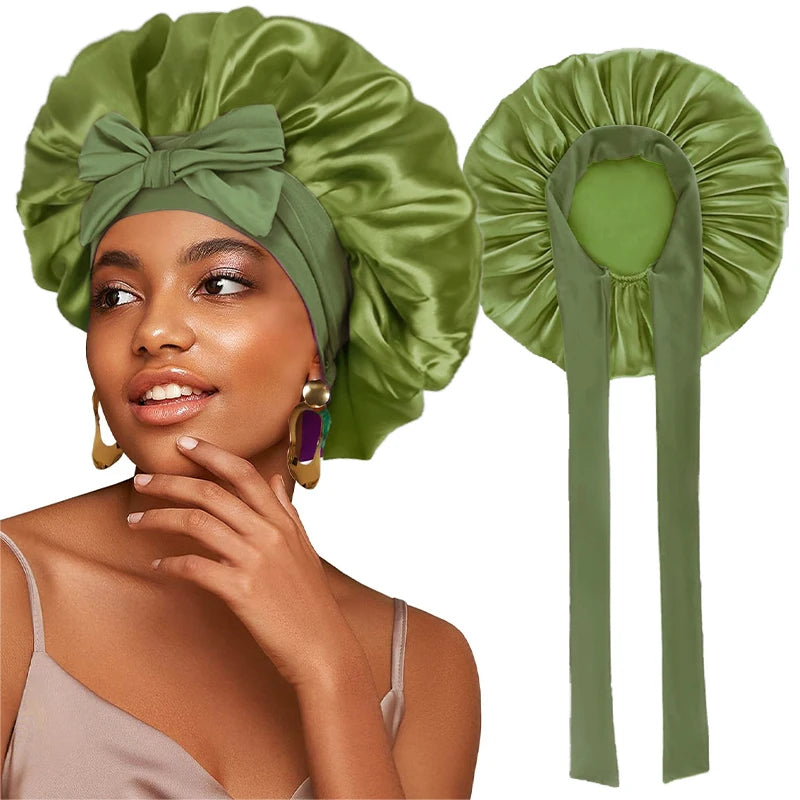 Satin Solid Sleeping Hat with Stretchy Tie Band
