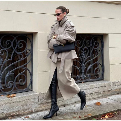 Solid Lace Up Trench Coat Women Full Sleeve Windbreak