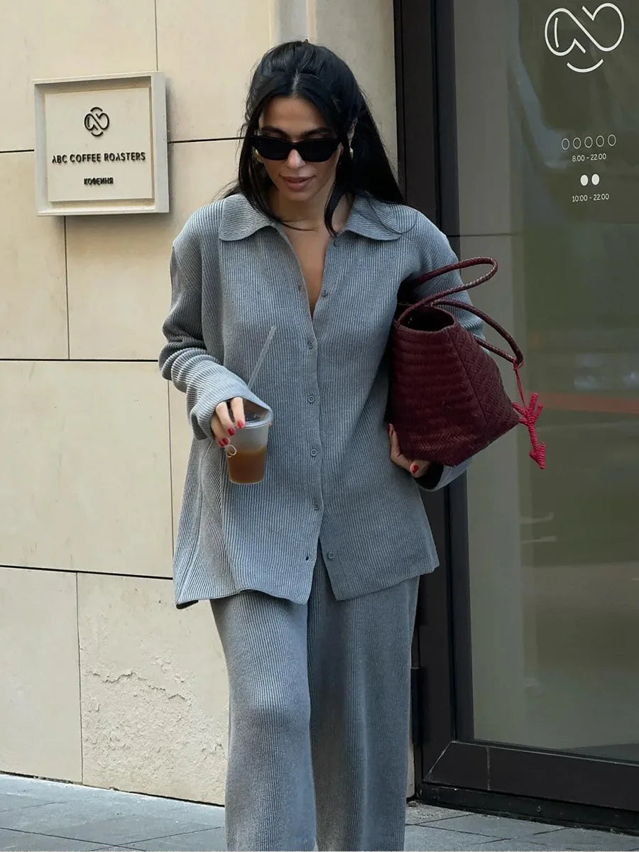 Knit Cardigan Pants Set for Women - Thick and Warm Outfit
