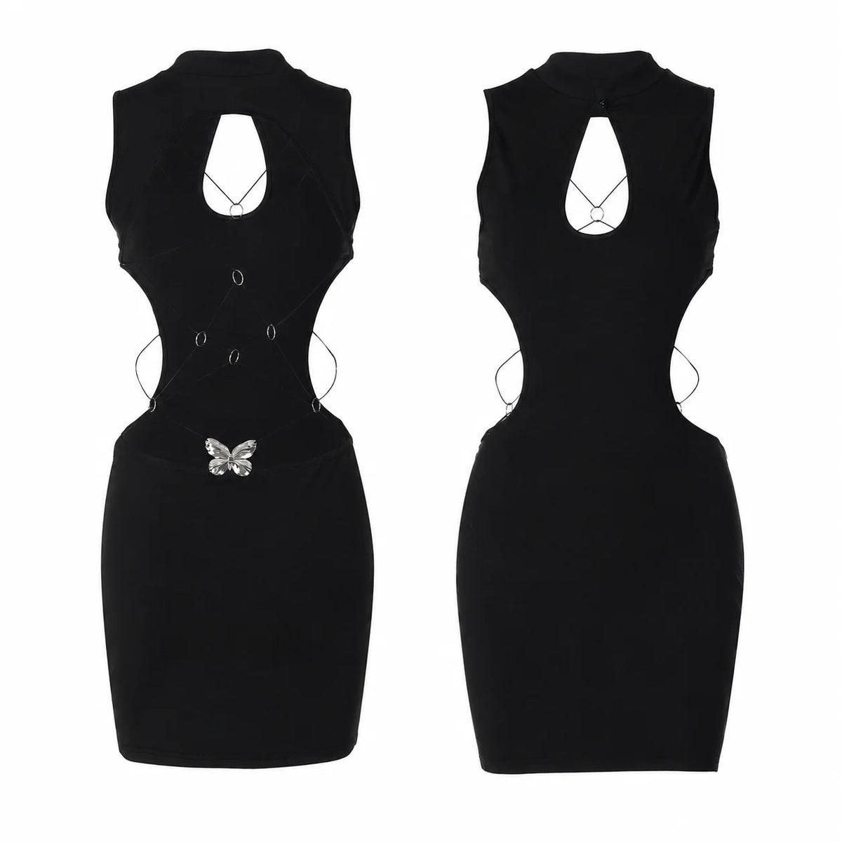Women Mini Dress High Neck Keyhole Cutout Lace-Up Back