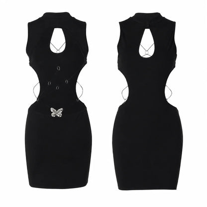 Women Mini Dress High Neck Keyhole Cutout Lace-Up Back