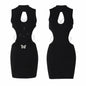 Women Mini Dress High Neck Keyhole Cutout Lace-Up Back