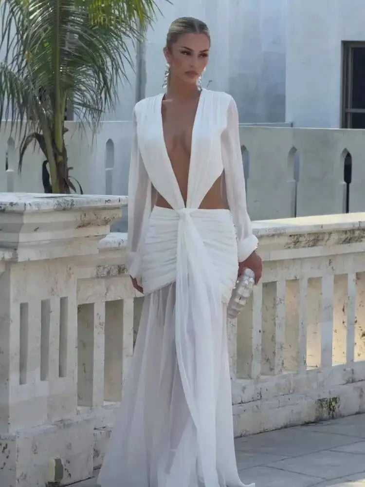Deep V Hollow Backless Chiffon Maxi Party Dress