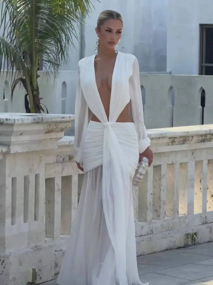 Deep V Hollow Backless Chiffon Maxi Party Dress