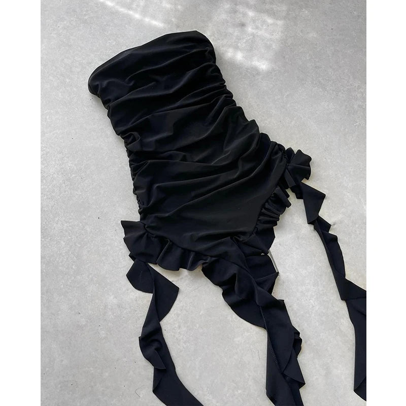 Women Strapless Floral High Slit Mini Dress Black Pink