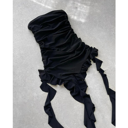 Women Strapless Floral High Slit Mini Dress Black Pink