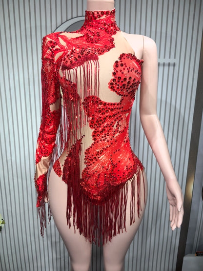 Rhinestone Tassel Elastic Bodysuit for Women