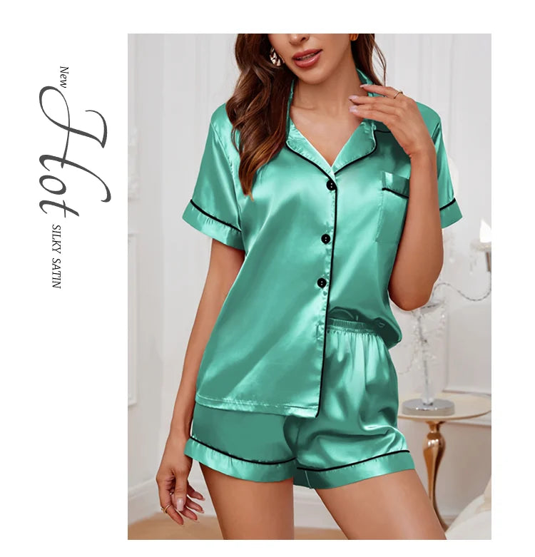 Silk Satin Pajamas Set for Women with Button-Down Design