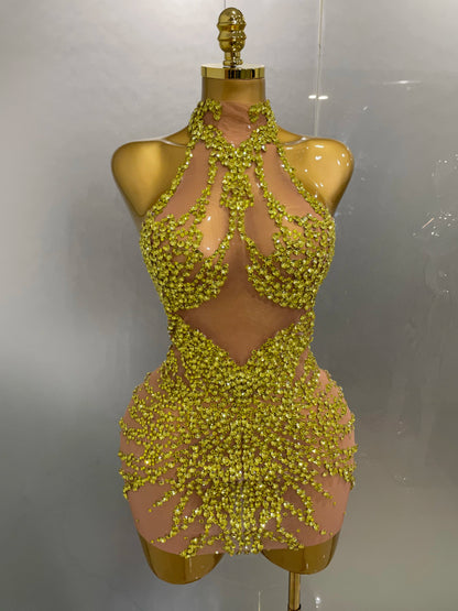 Sparkly Rhinestones Mesh See Through Dress for Women