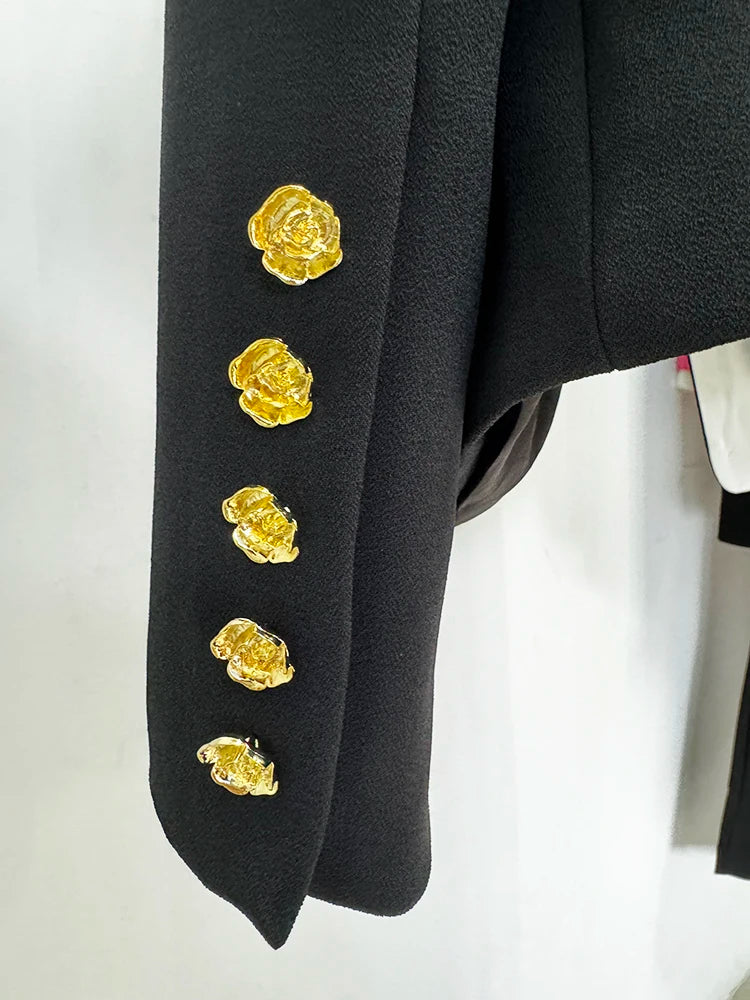 Slim Fitting Color Block Blazer with Rose Metal Buttons
