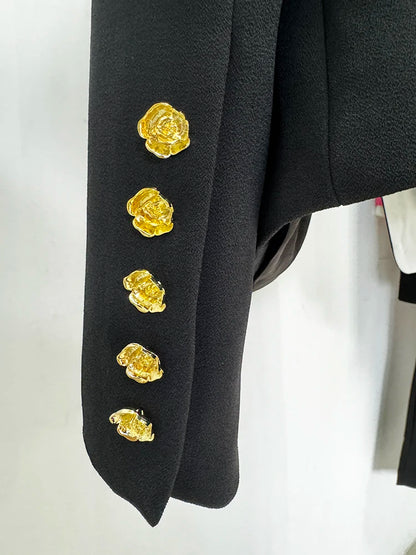 Slim Fitting Color Block Blazer with Rose Metal Buttons