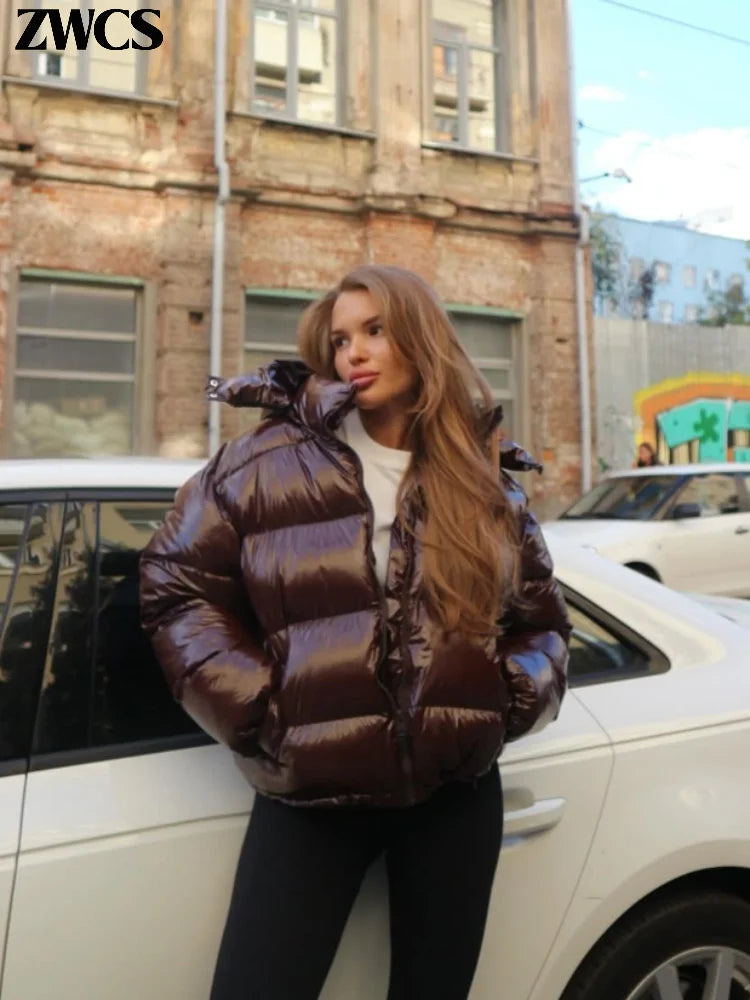 Solid Glossy Zipper Hooded Coat Women's Cotton Jacket