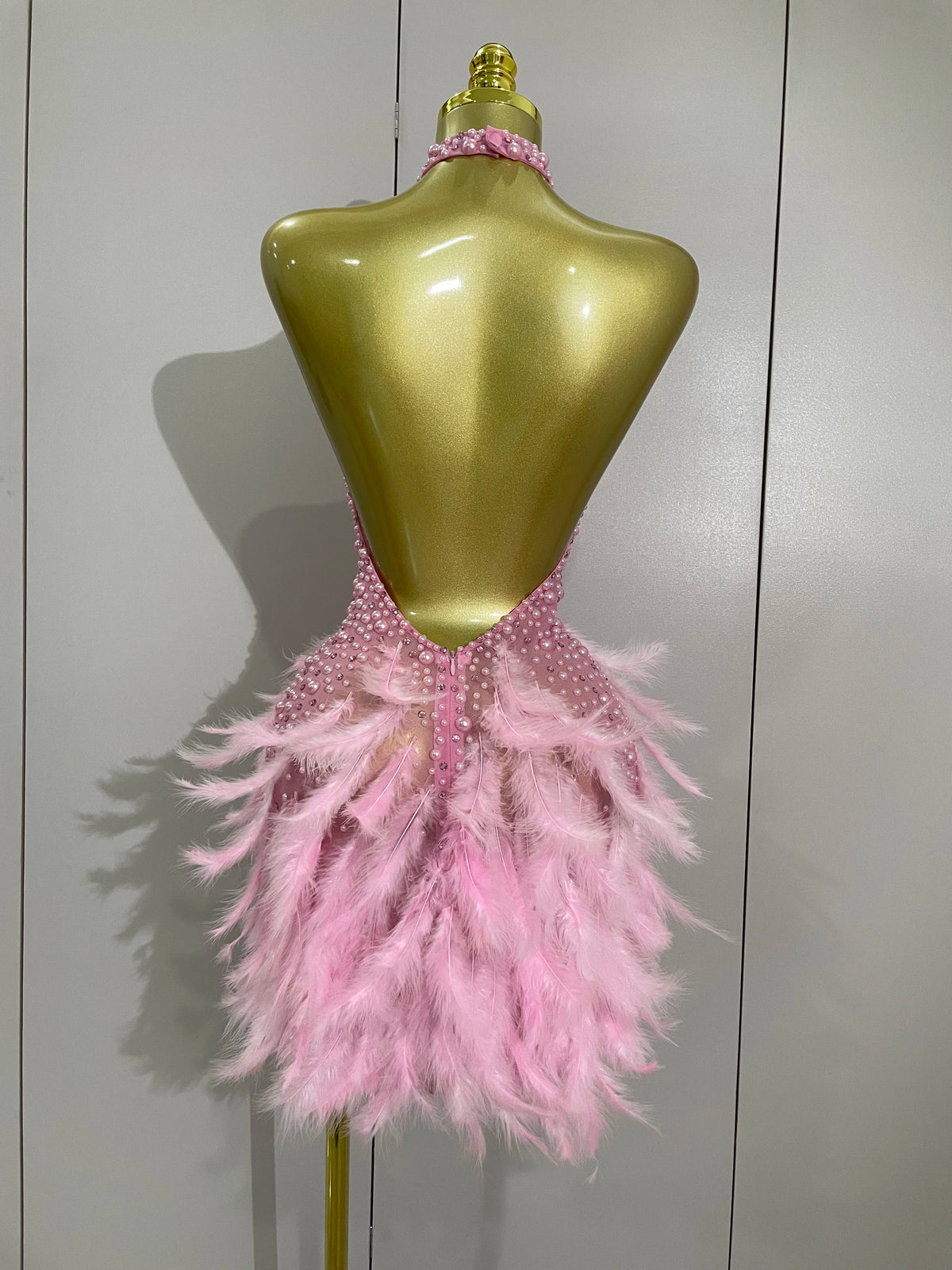 Luxury Rhinestones Pearls Feathers Halter Backless Dress