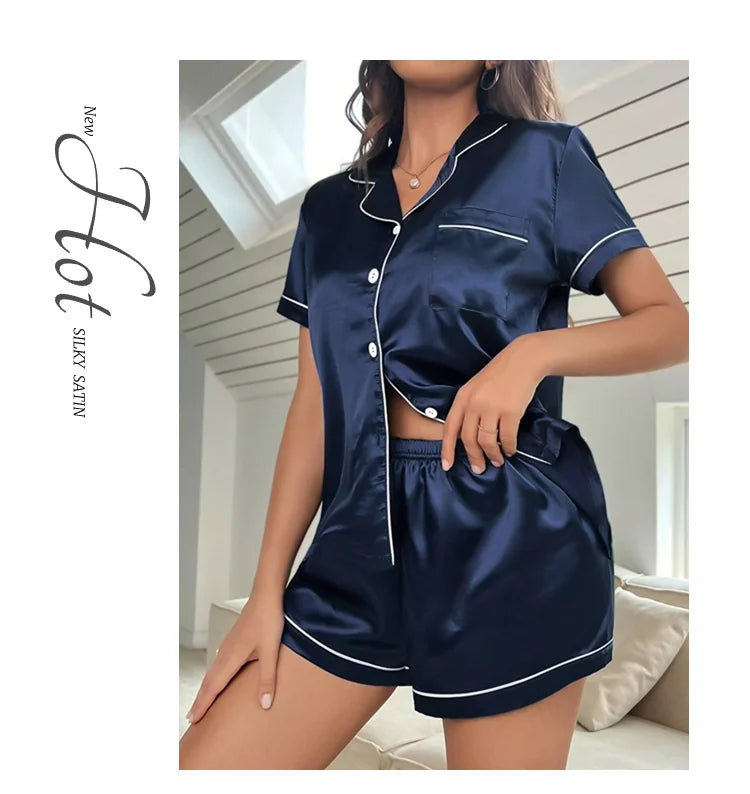 Silk Satin Pajamas Set for Women with Button-Down Design