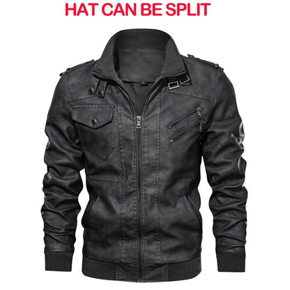 Men's Faux Leather Motorcycle Jacket with Detachable Hood