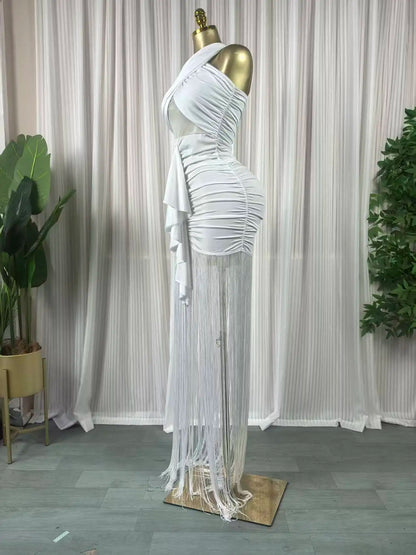 Women Halter Neck Midi Bodycon Dress with Tassels