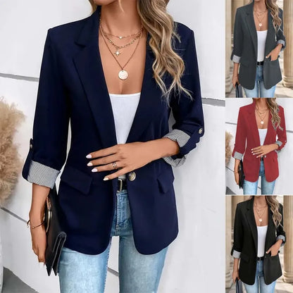 Women's Slim Fit Polyester Blazer Jacket with Rolled Sleeves
