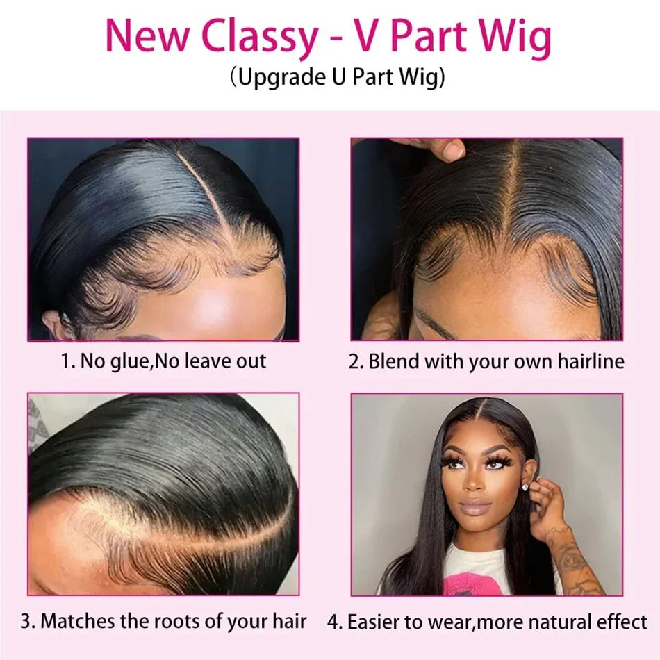 V Part Straight Human Hair Wig Remy Brazilian Natural Color