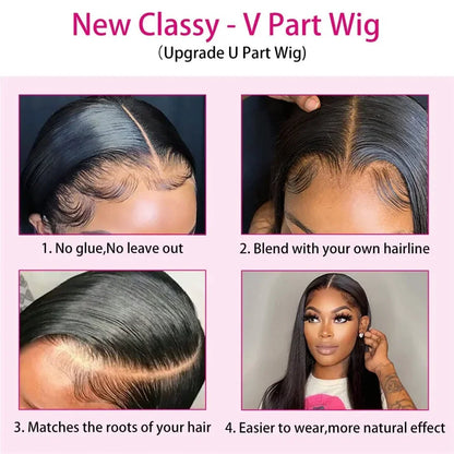 V Part Straight Human Hair Wig Remy Brazilian Natural Color