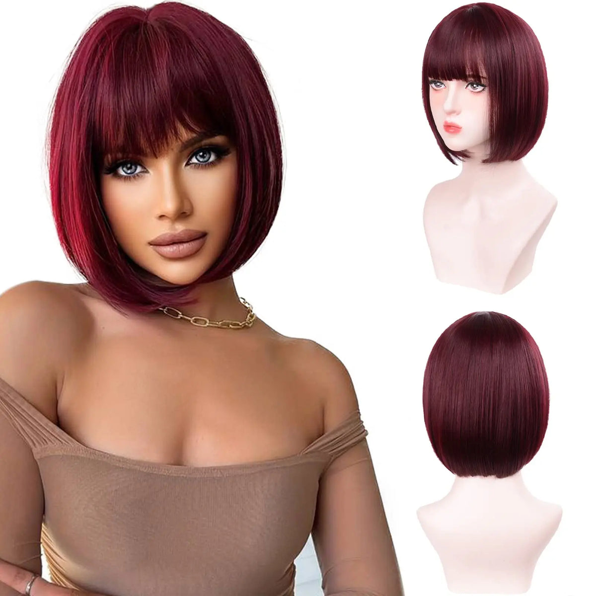 Pink Bob Synthetic Wig with Bangs for Cosplay