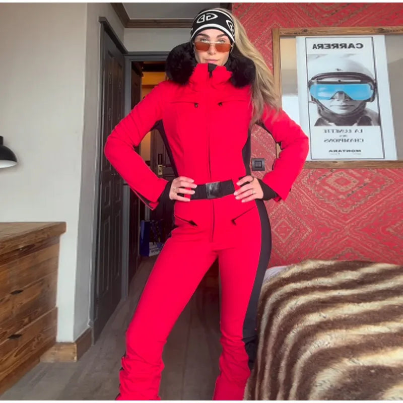 Faux Fur Hooded Women's Ski Jumpsuit with Zippers
