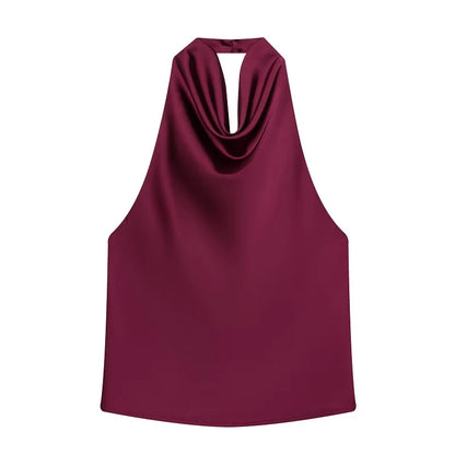 Black Satin Backless Halter Top for Women