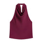 Black Satin Backless Halter Top for Women