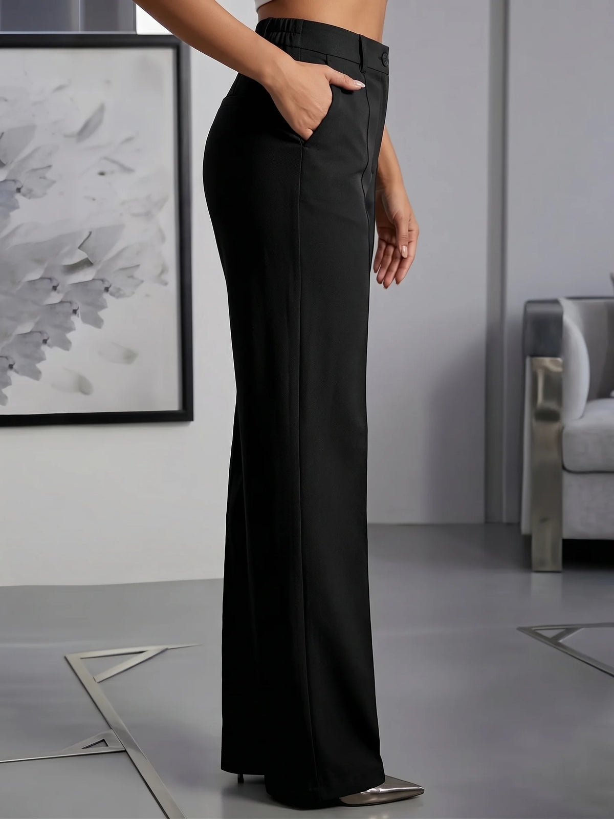 Women High Waisted Wide Leg Black Trousers