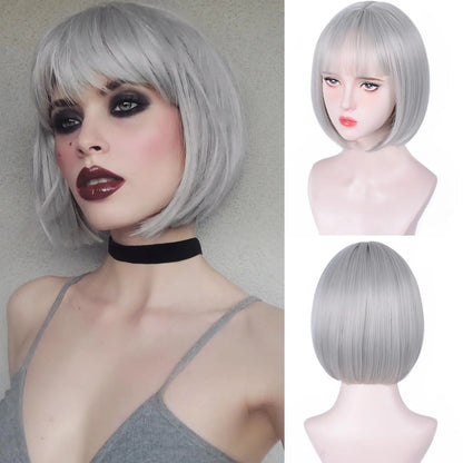 Pink Bob Synthetic Wig with Bangs for Cosplay