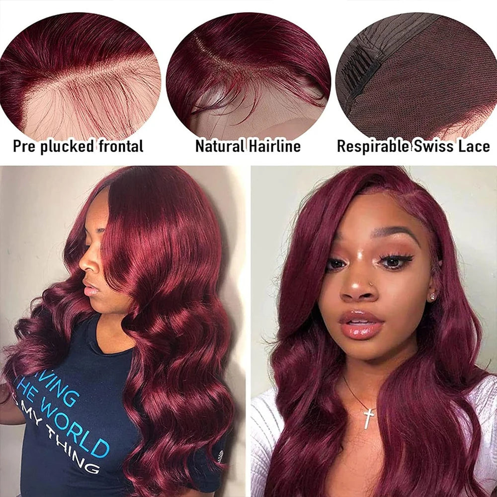 34 Inch Burgundy Lace Front Wig Human Hair Body Wave