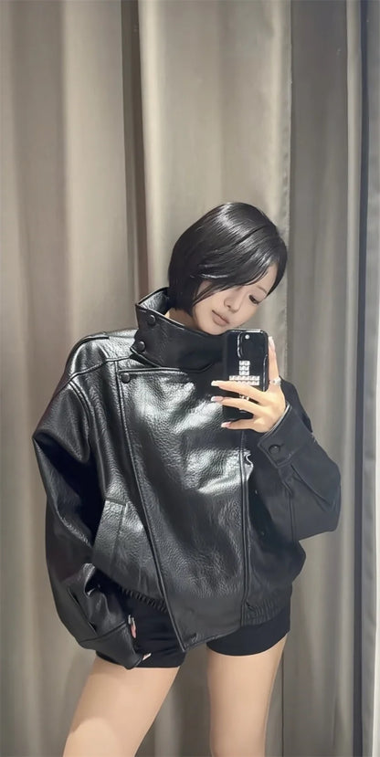 Black Long Sleeve Faux Leather Motorcycle Jacket