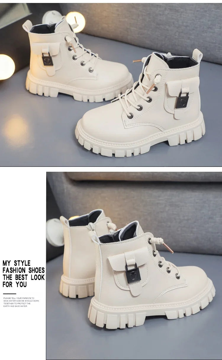 Girls PU Leather Ankle Boots with Anti-slip Sole
