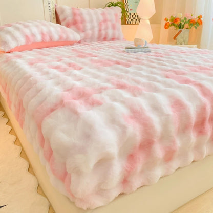 Fluffy Plush Fitted Bed Sheet Rabbit Fleece Solid Color