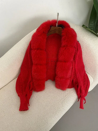 Knitted Cardigan Coat for Women with Real Fox Fur