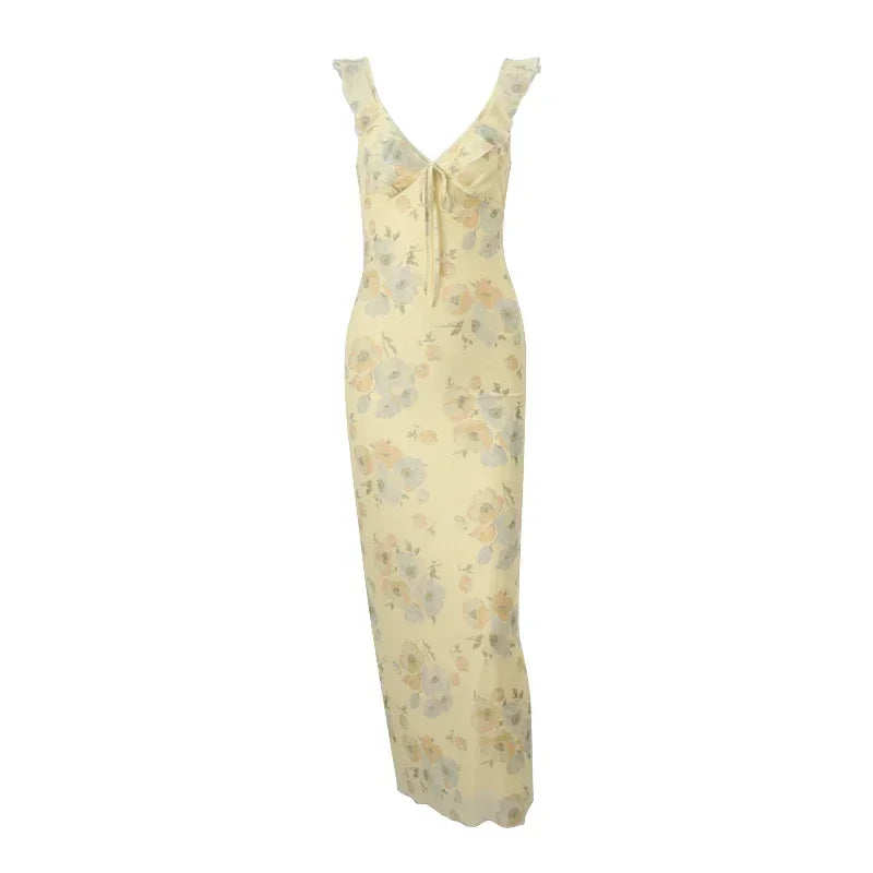 Yellow Flower Print Maxi Dress Sleeveless V Neck