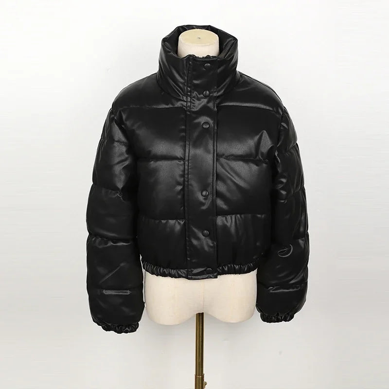 Black PU Leather Women's Winter Parka Jacket