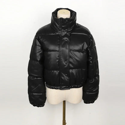 Black PU Leather Women's Winter Parka Jacket