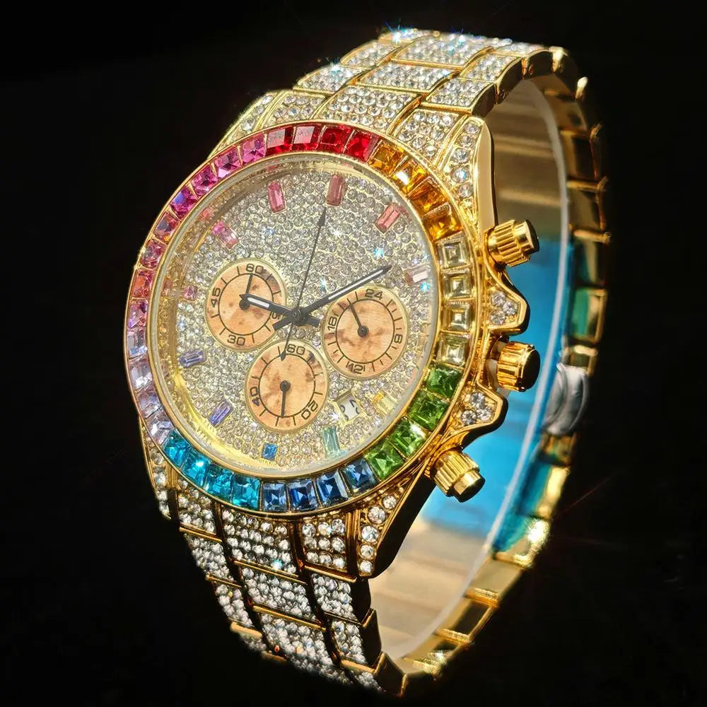 Fashion Gold Quartz Wristwatch for Men with Rainbow Diamonds