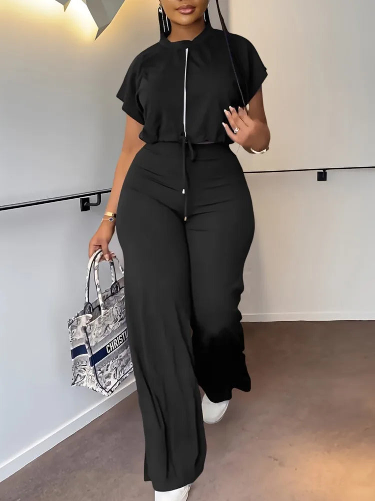 Women Casual Short Sleeve Drawstring Top and High Waist Pants Set