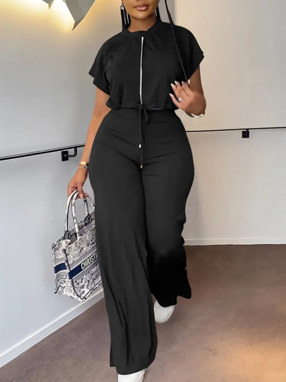 Women Casual Short Sleeve Drawstring Top and High Waist Pants Set