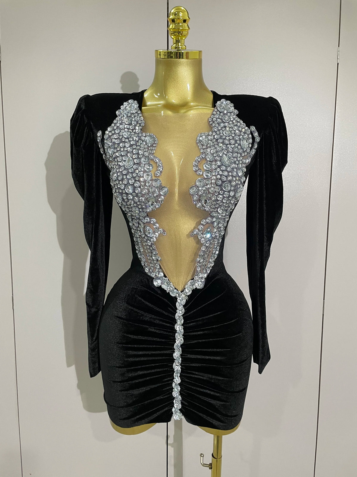 White Velvet Sexy Mesh Short Dress with Crystals