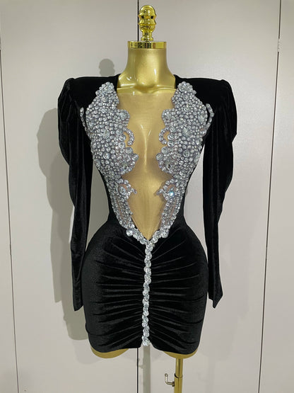 White Velvet Sexy Mesh Short Dress with Crystals