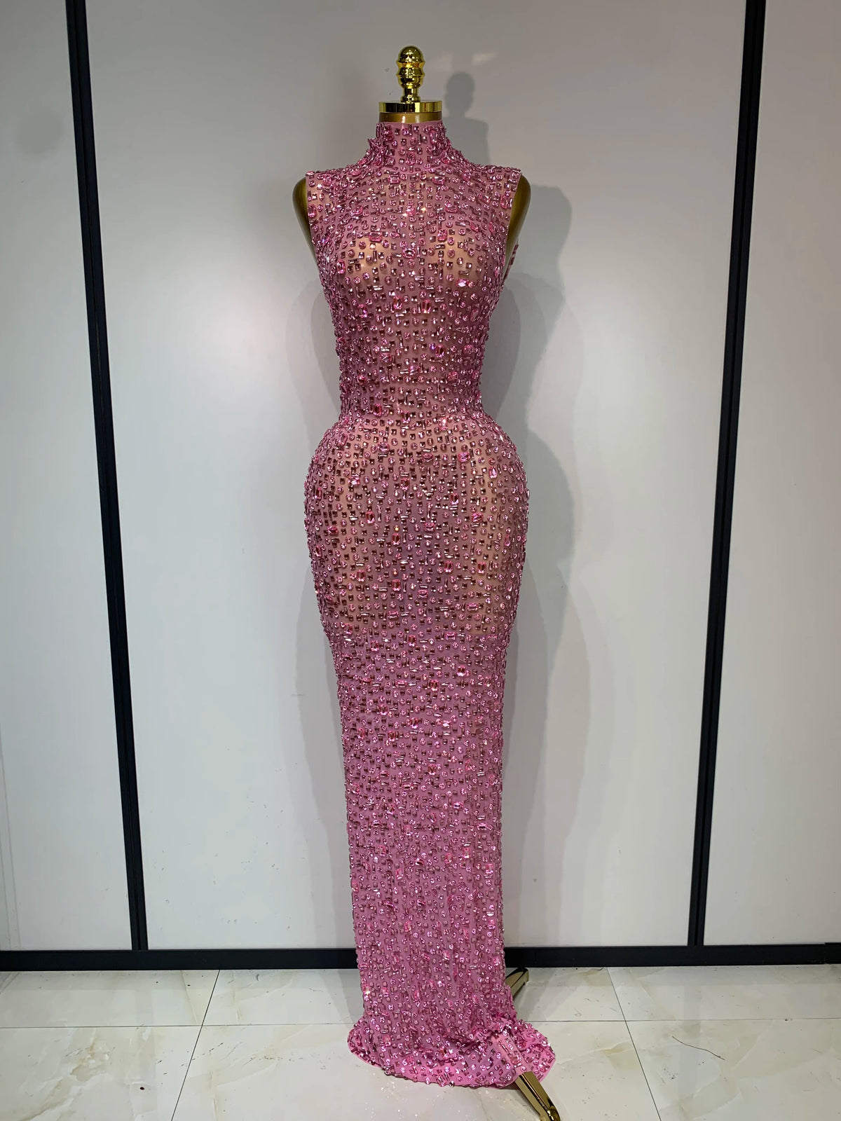 Gold Rhinestone Sleeveless Long Dress for Women