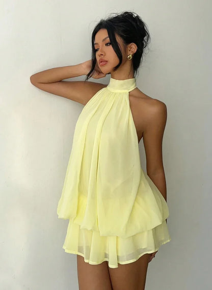 Women's Backless Halter Tie Waist Mini Dress in Polyester