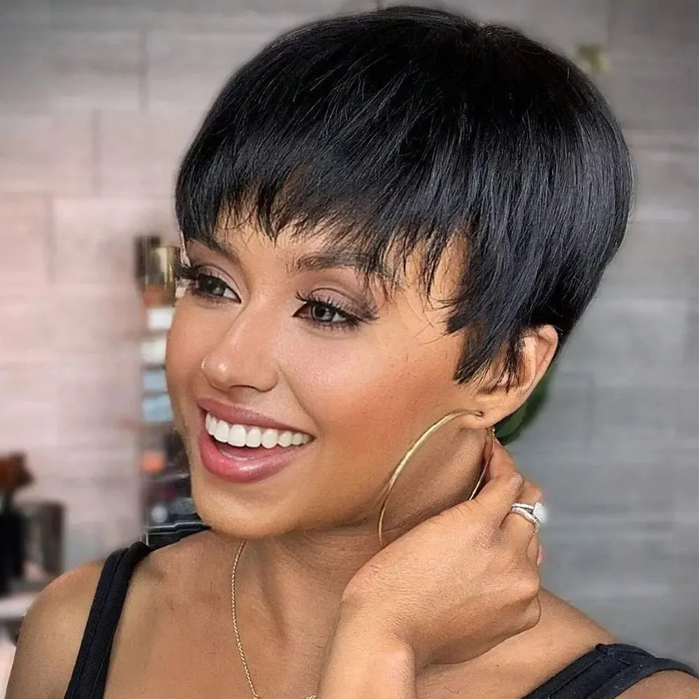 Short Pixie Cut Glueless Human Hair Wig Natural Black