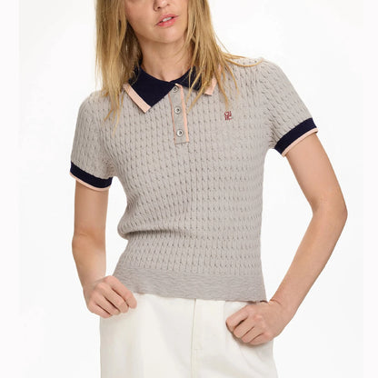 Embroidered Knit Polo Shirt Women Short Sleeve Cotton