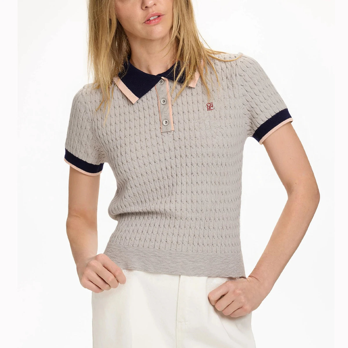 Embroidered Knit Polo Shirt Women Short Sleeve Cotton