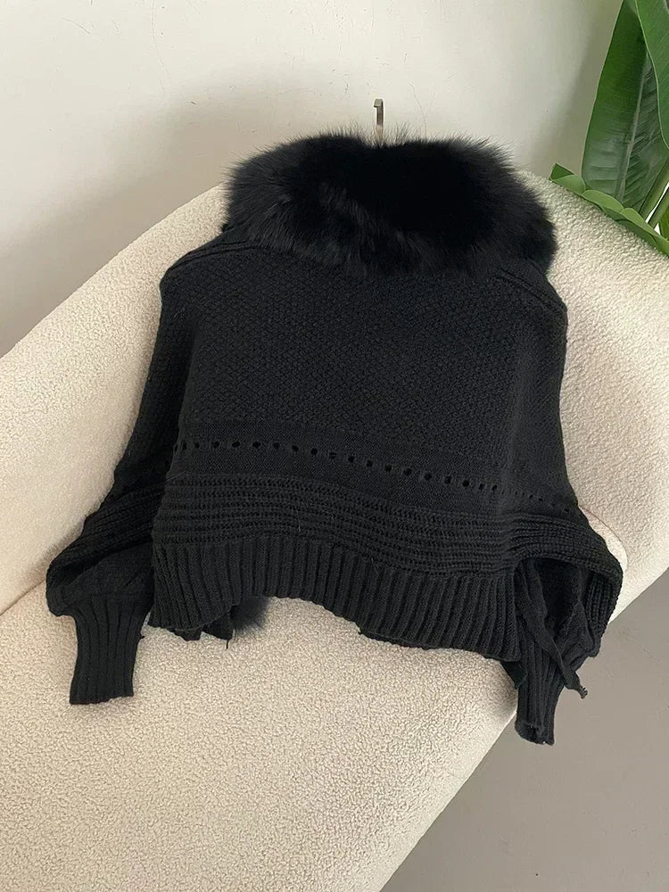 Knitted Cardigan Coat for Women with Real Fox Fur
