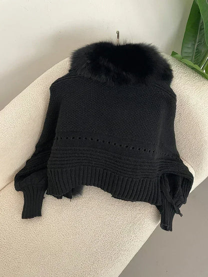 Knitted Cardigan Coat for Women with Real Fox Fur