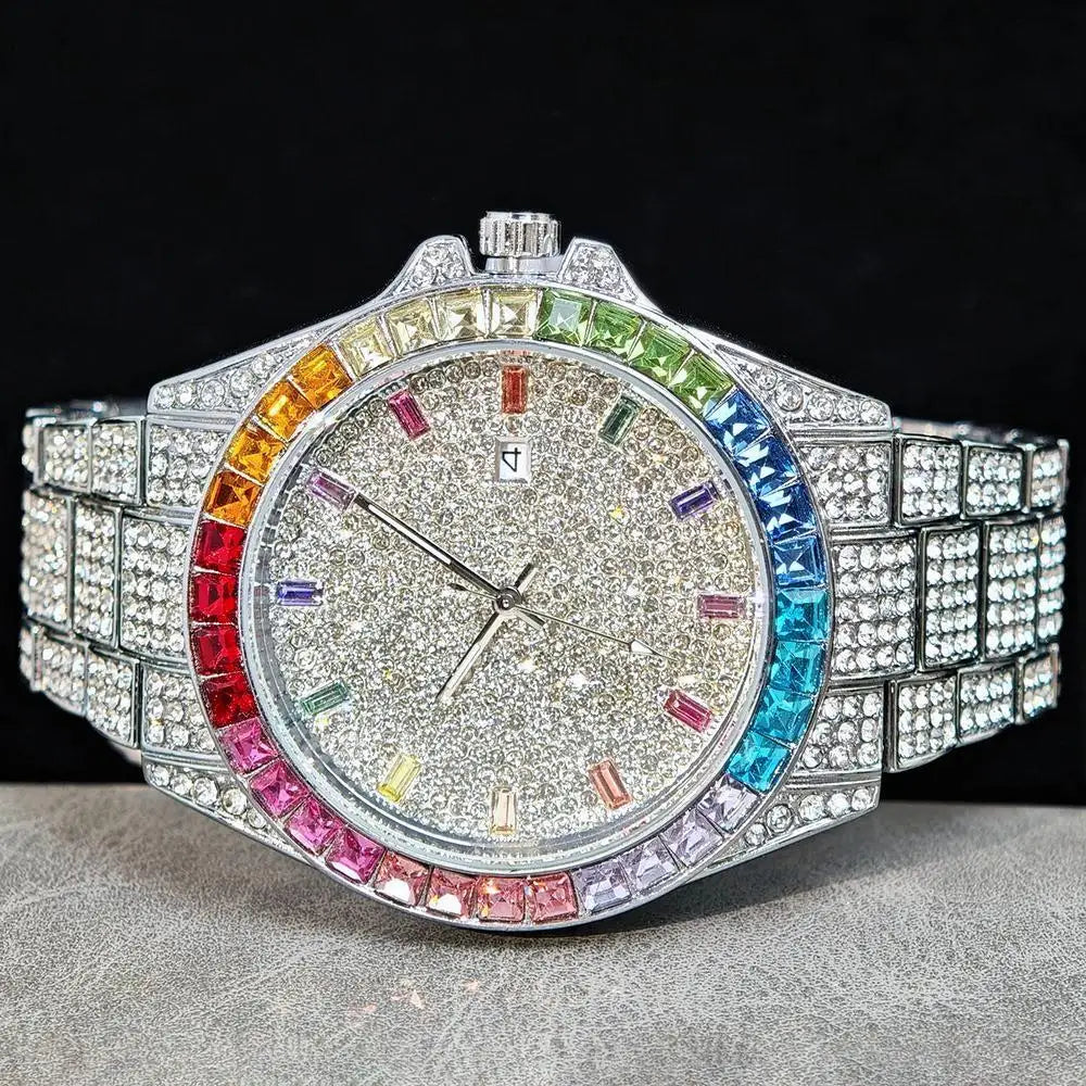 Fashion Gold Quartz Wristwatch for Men with Rainbow Diamonds